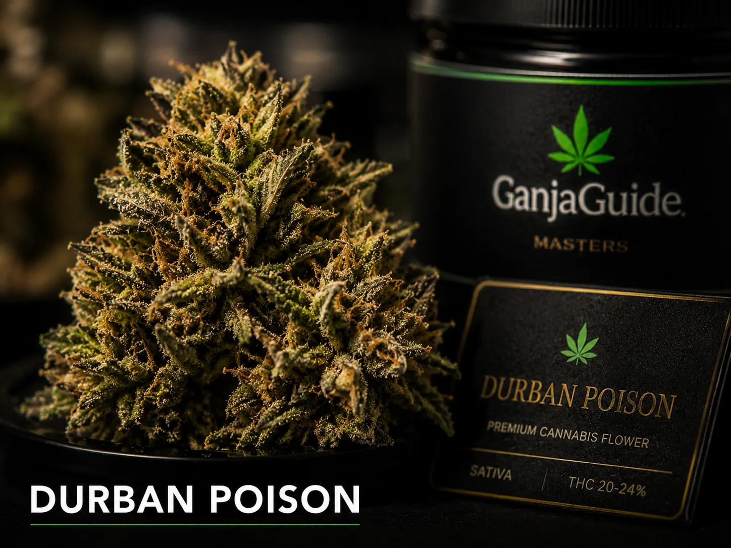 Illustratieve macrofoto van een gelabelde Durban Poison cannabisbloem