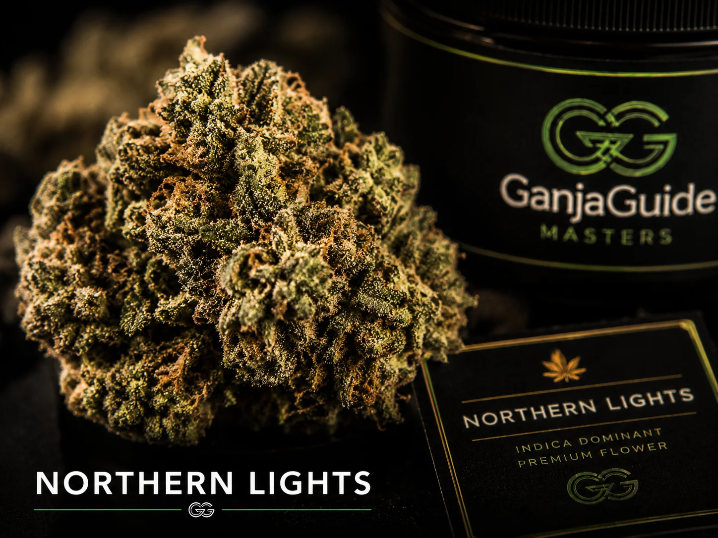 Illustratieve macrofoto van een gelabelde Northern Lights cannabisbloem