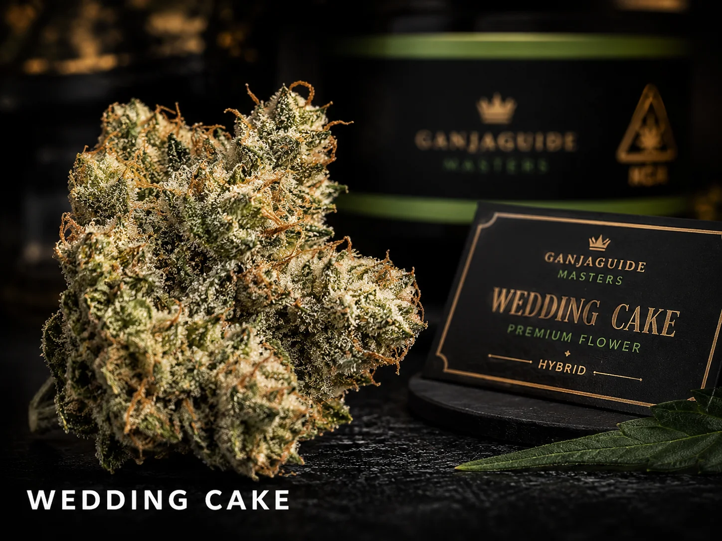 Illustratieve macrofoto van een gelabelde Wedding Cake cannabisbloem