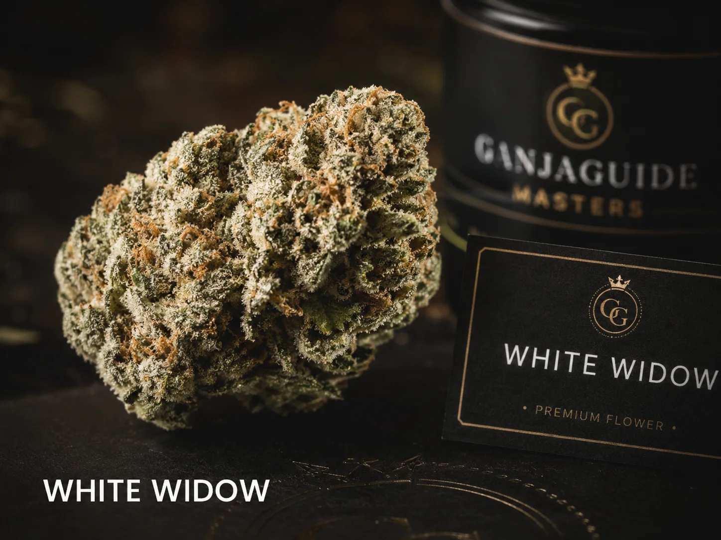 Illustratieve macrofoto van een gelabelde White Widow cannabisbloem
